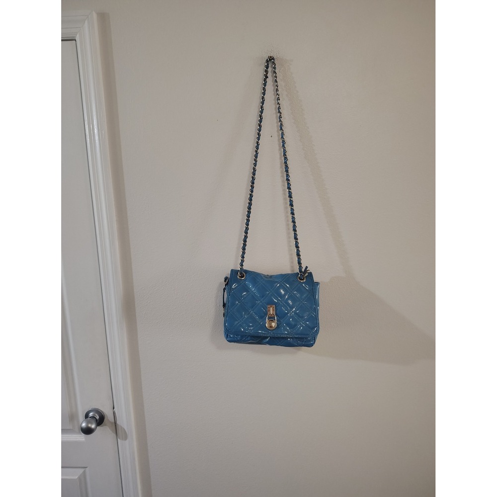 Audrey Brooke Blue Quilted Patent Leather Crossbody Bag‎ Silver Chain Strap